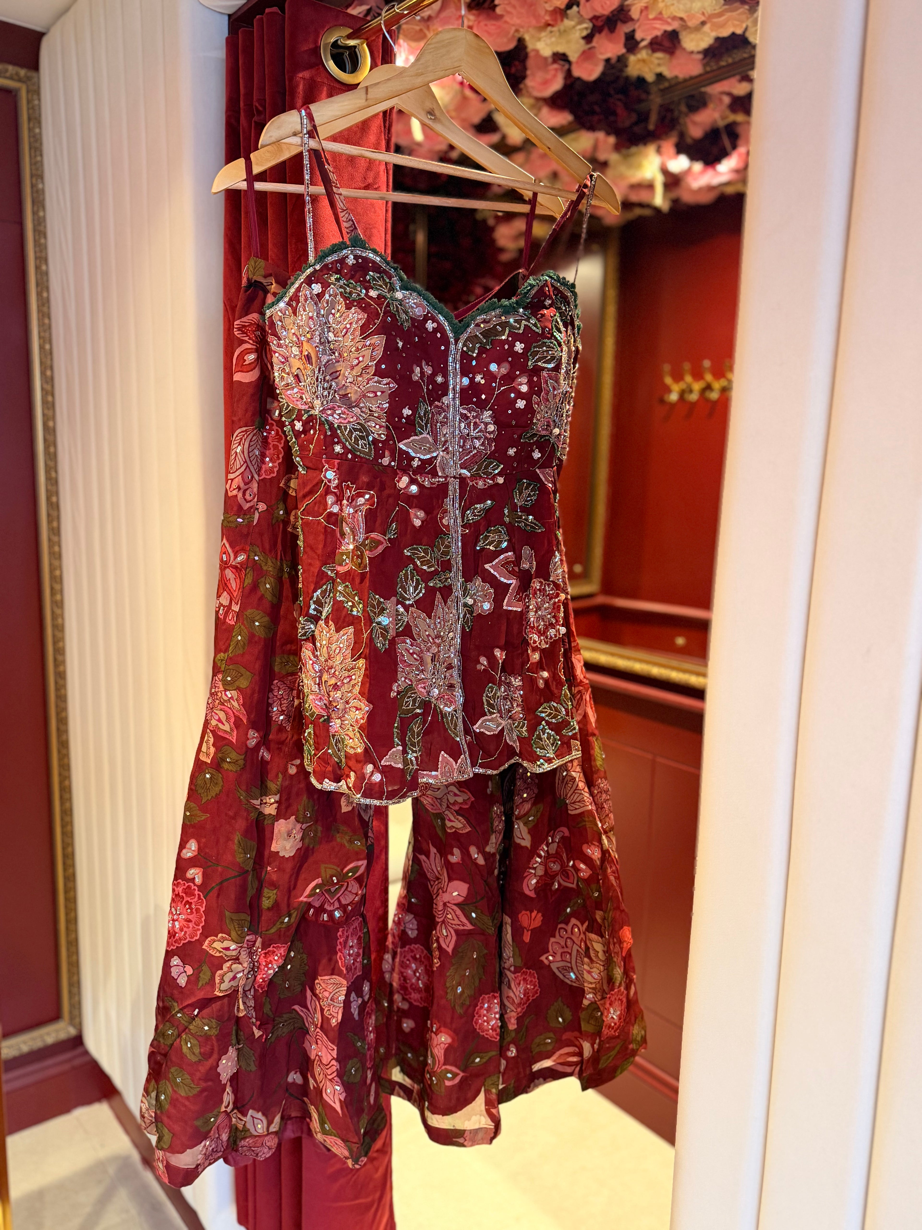 BURGUNDY CORSET SHARARA SUIT