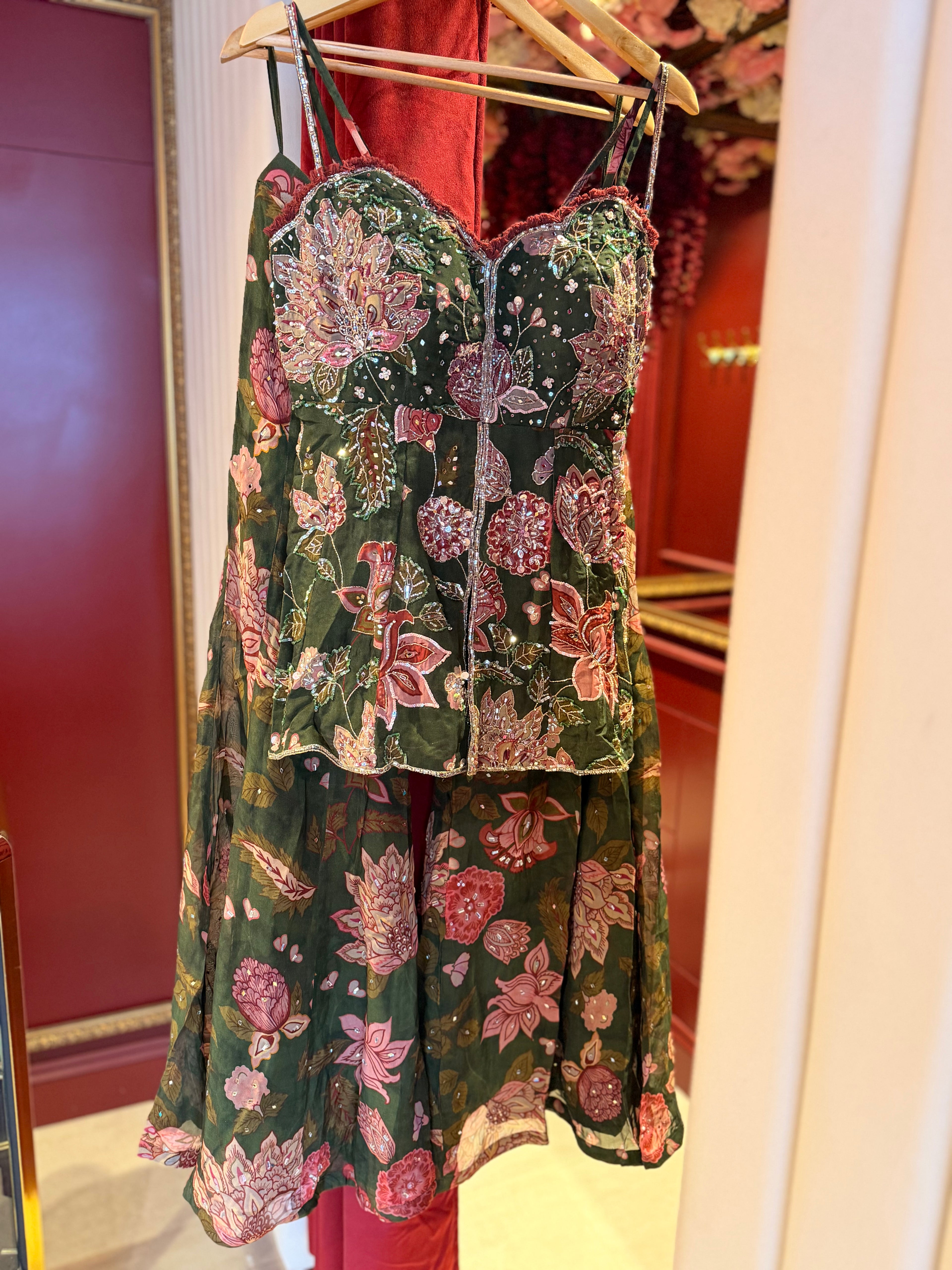 KHAKI GREEN CORSET SHARARA SUIT