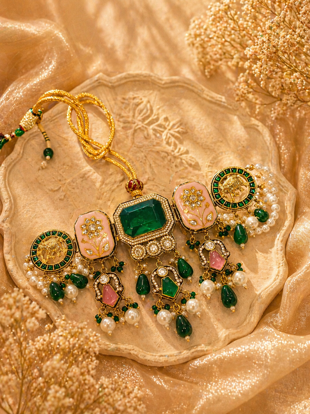 GREEN AND BABY PINK MEENAKARI SET