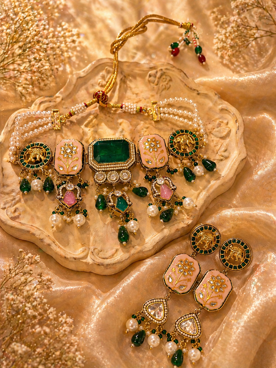 GREEN AND BABY PINK MEENAKARI SET